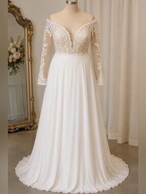Clarisse Ivory Off-Shoulder Lace Bodice A-Line Wedding Gown
